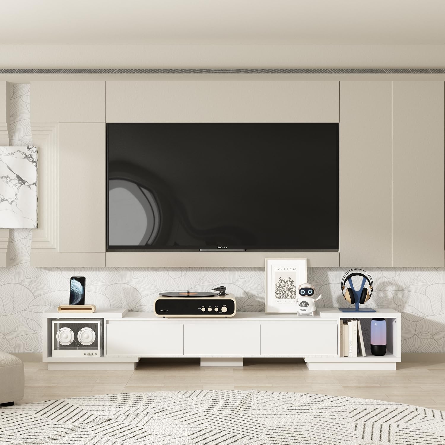 TAMUNE Extendable TV Stand Media Console with 3 Drawers, Modern TV Console, Adjustable Length, Entertainment Center for Living Room Black (65.4-106.3”