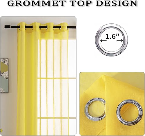 Miniatura 2 de HUTO Paneles de cortina de gasa transparente amarilla vibrante con ojales en la parte superior, para dormitorio y sala de estar (52 x 95 pulgadas de