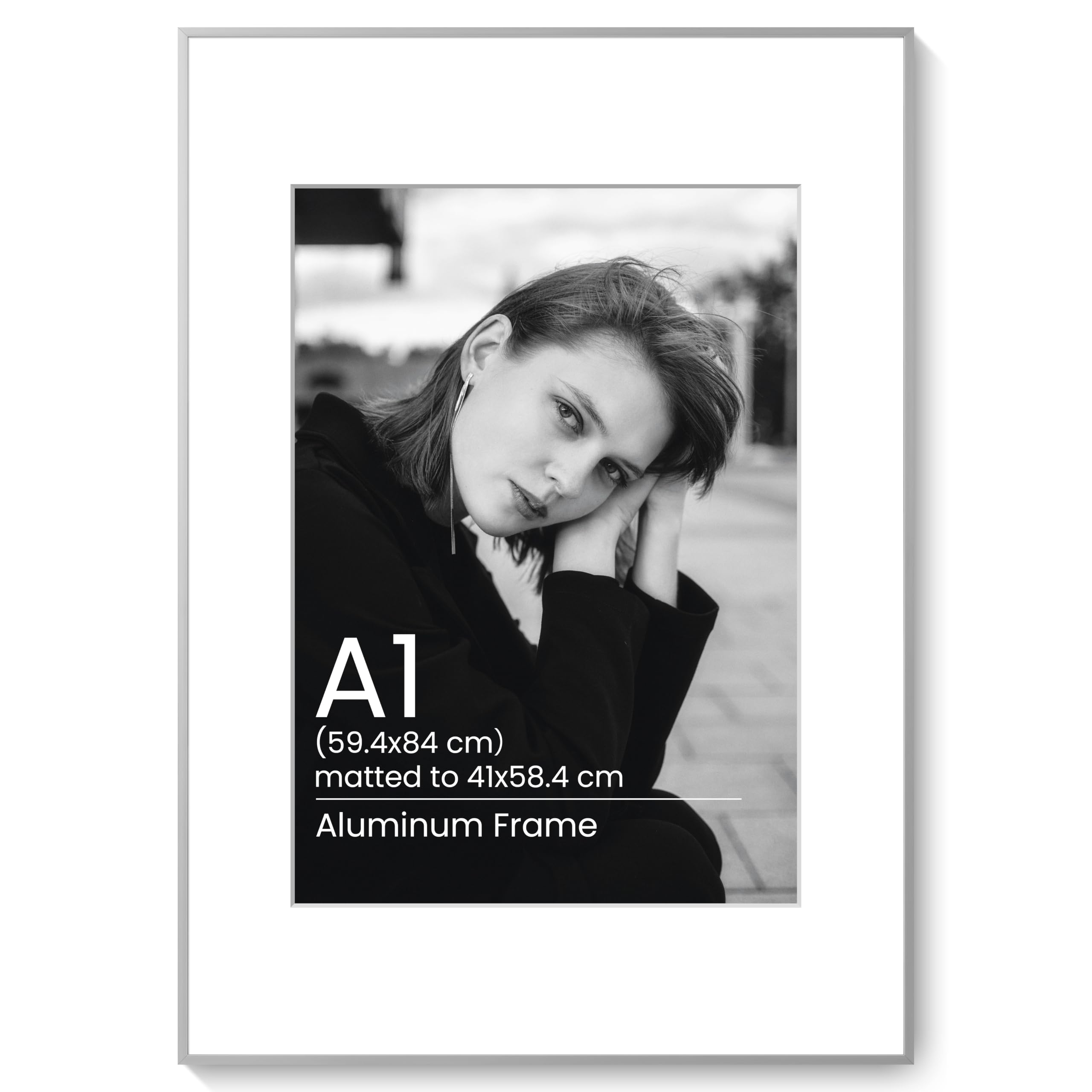 KovaScape A1 Aluminum Photo Frame - Modern Flat Metal Picture Frames with A2(41x58.4 cm) Removable Mat and HD Glass - Versatile Wall & Tabletop Display for Gallery Art, Silver