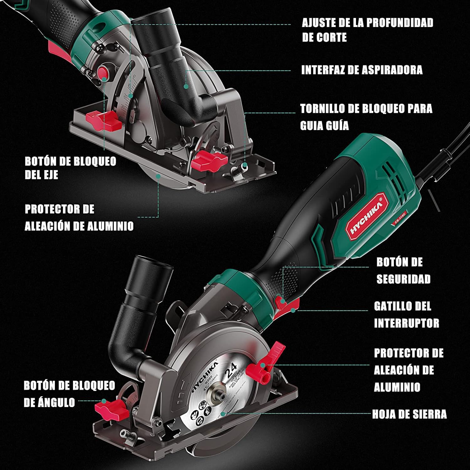 HYCHIKA Mini Sierra Circular 750W 3500RPM, Sierra Compacta de Mano con 3 Hojas (24T/60T/9T) para Madera, Metal y Azulejo, Corte Bisel 45°/90° (Profundidad Máx 48mm), Bricolaje