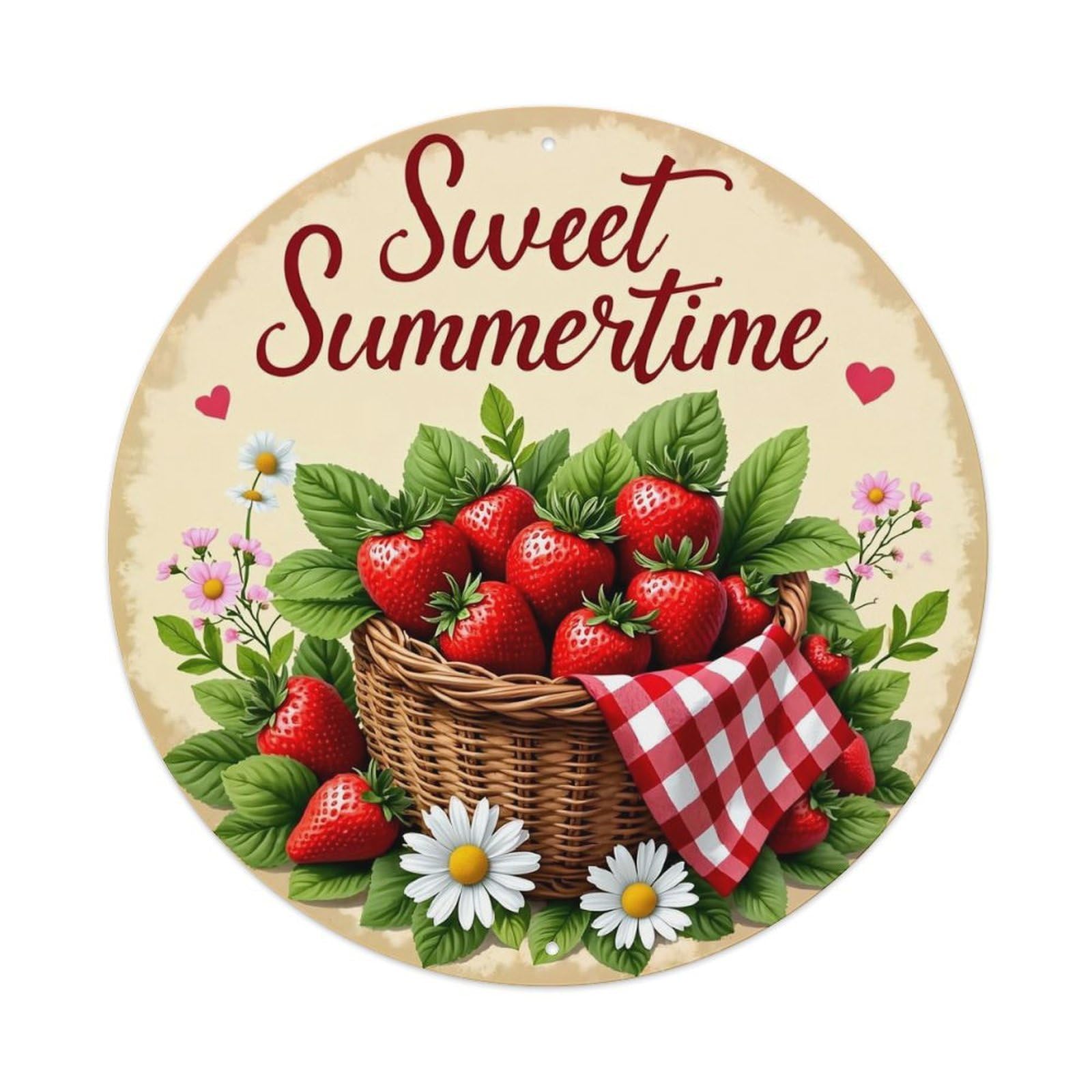 Strawberries Basket Flowers Checkered Cloth Round Metal Tin Sign Vintage Wall Decor, Bar Garage Cafe Kitchen Home Wall Art Poster 8x8inches