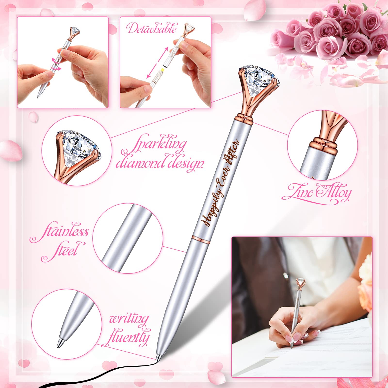 Yexiya Bridal Shower Pens Diamond Pens Wedding Crystal Pens Happily Ever After Pens Bling Metal Black Ink Ballpoint Pens Rose Golden Pens for Bridal Shower Women Girls Gift Office Supply (24 Pcs)
