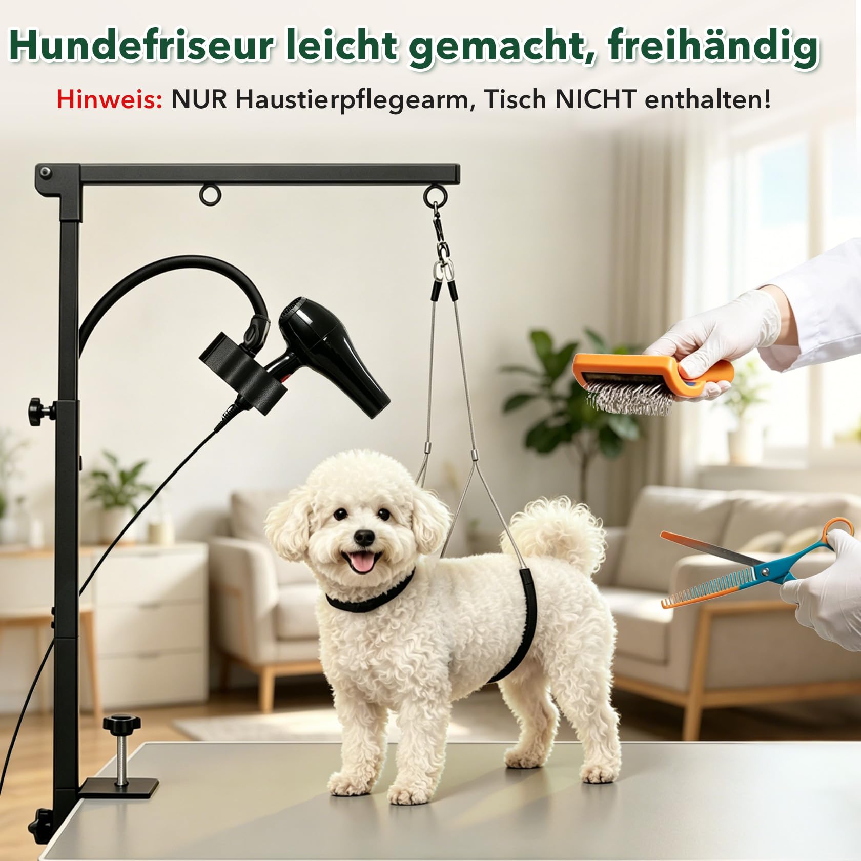 Pindex Verstellbarer Hundepflegearm mit Klemme, 74–104 cm, Hundepflegetisch-Arm inkl. Föhnhalter und Schlaufe für kleine und mittelgroße Hunde