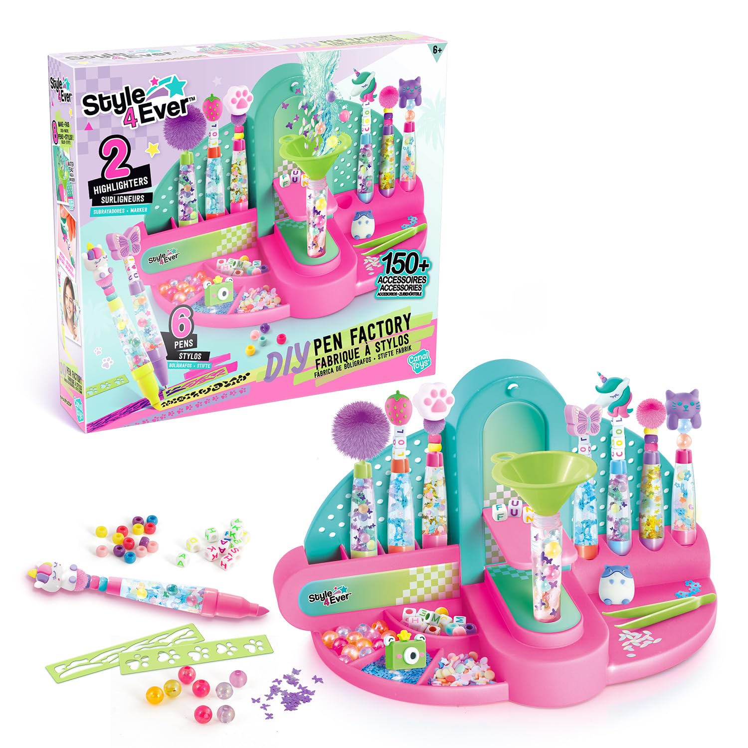 Canal Toys Style 4 Ever 3 in 1 DIY Pen Factory | Create 6 Custom Pens & 2 Highlighters with 150+ Accessories, Beads & Decorations | Stationery Craft Kit for Kids Age 8+