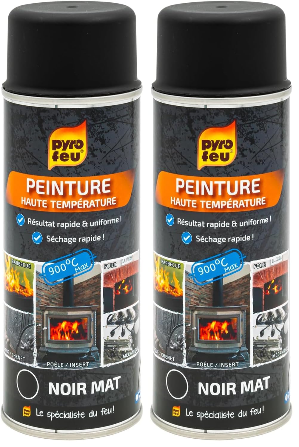 Pyro Feu - Peinture Haute Température Noire Mat - Résiste Jusqu’à 900°C - Rénovation Poêle, Insert, Plaques, Chenets, Barbecues, Fours, Pièces Mécaniques - 400ml (Lot de 2)