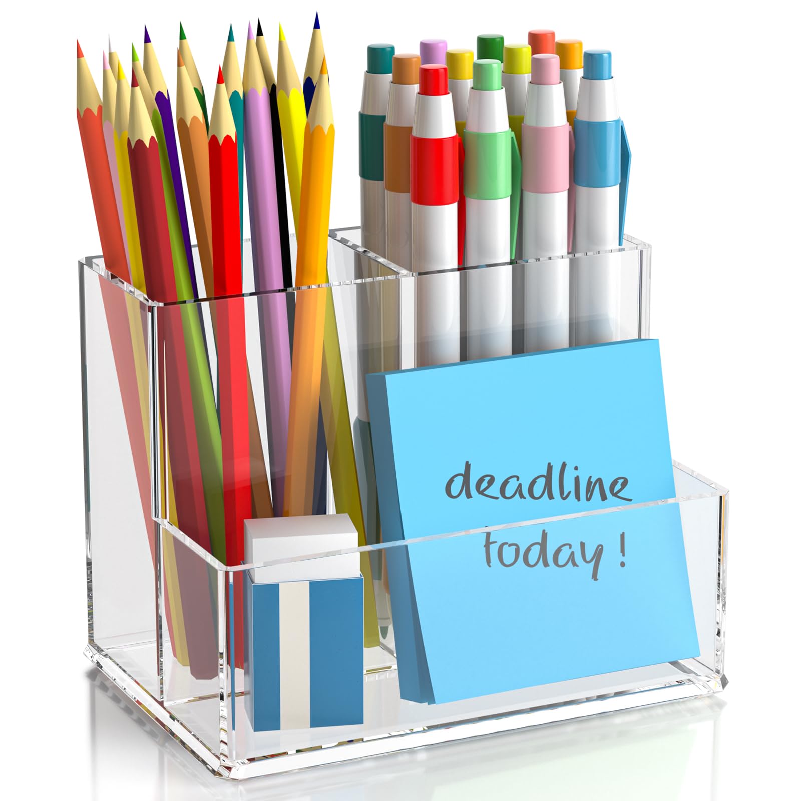 Clear Pen Holder for Desk, Small Acrylic Pencil Holder, Compact Makeup Brush Holder Organizer for Vanity, Pen Pencil Organizer Cup, Office Desk Organizer and Accessories, 3 Compartment Design