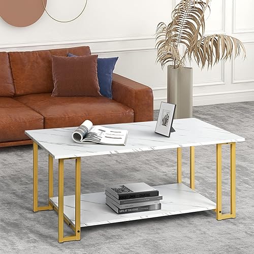 Mesa de centro de mármol blanco con patas de metal dorado, mesa auxiliar rectangular de 2 niveles para sala de estar (patas de metal dorado)