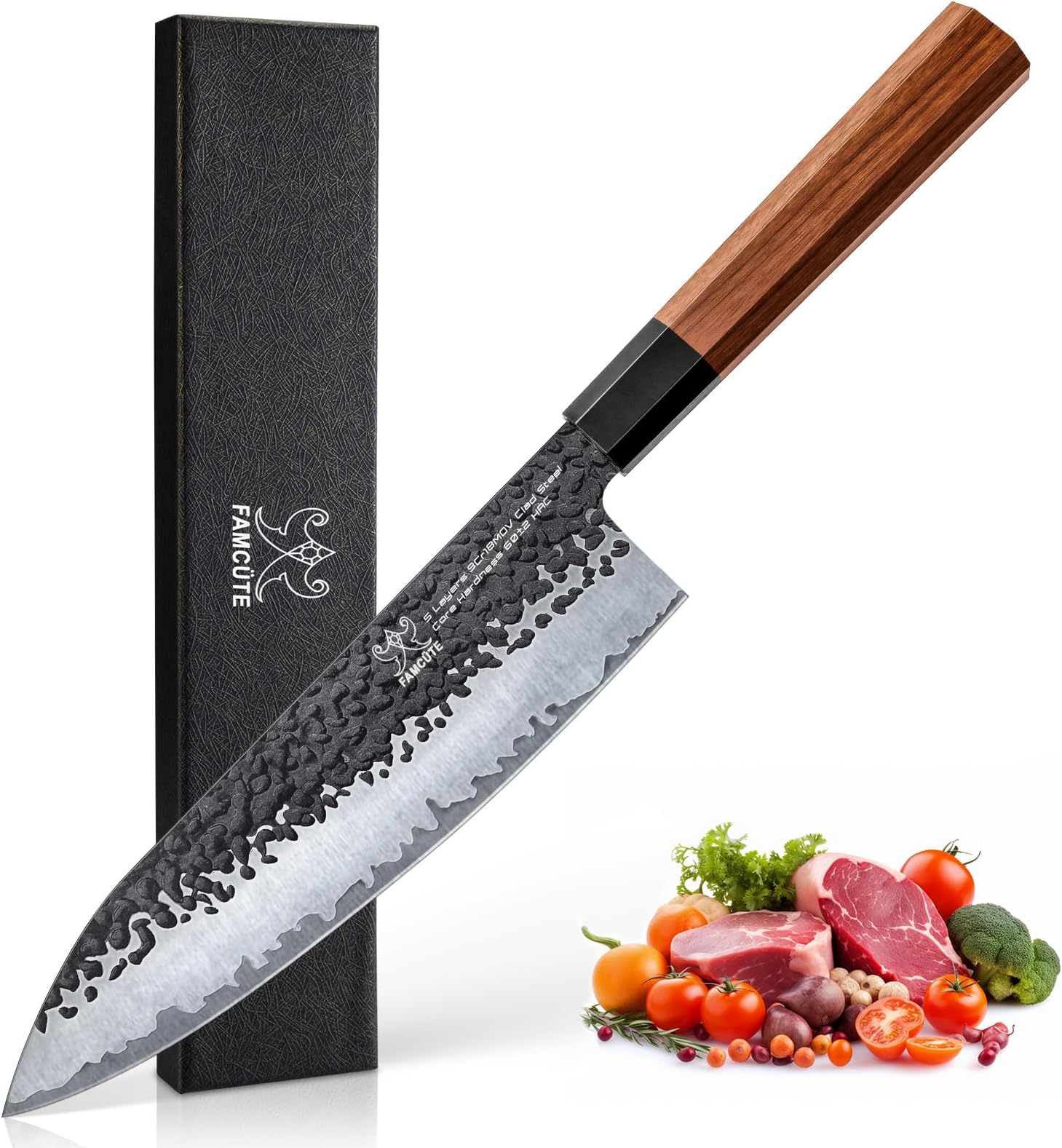 FAMCÜTE 8 Inch Japanese Knife, Hand Forged 5 Layers High Carbon 9CR18MOV Steel Rosewood Handle Chef Knife, Ultra Sharp Durable Professional Kitchen Knife, A Thoughtful Mothers Day Gifts for Mom