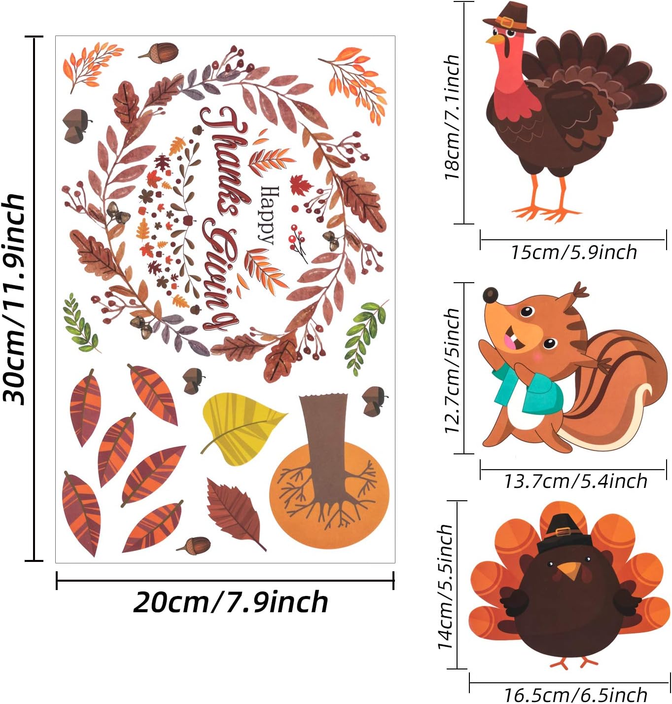 LessMo 176 Pcs Thanksgiving Clings Decor, Fall Window Stickers, Fall Maple Leaves Acorn Turkey Pumpkin Decals, for Kids Gift, Autumn Harvest Festival Thanksgiving Day Decorations, Home Party Supplies