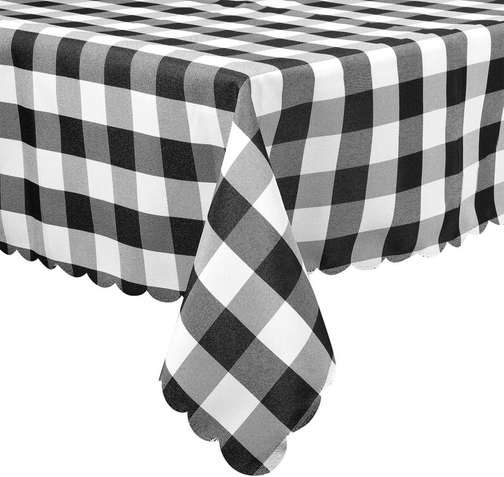 Black and White Checkered Buffalo Plaid Pattern Large Tablecloths, Gingham Checked Rectangle Tablecloth, Scalloped Edge, Washable, Polyester Fabric, Black and White Table Cover (60" x 84")