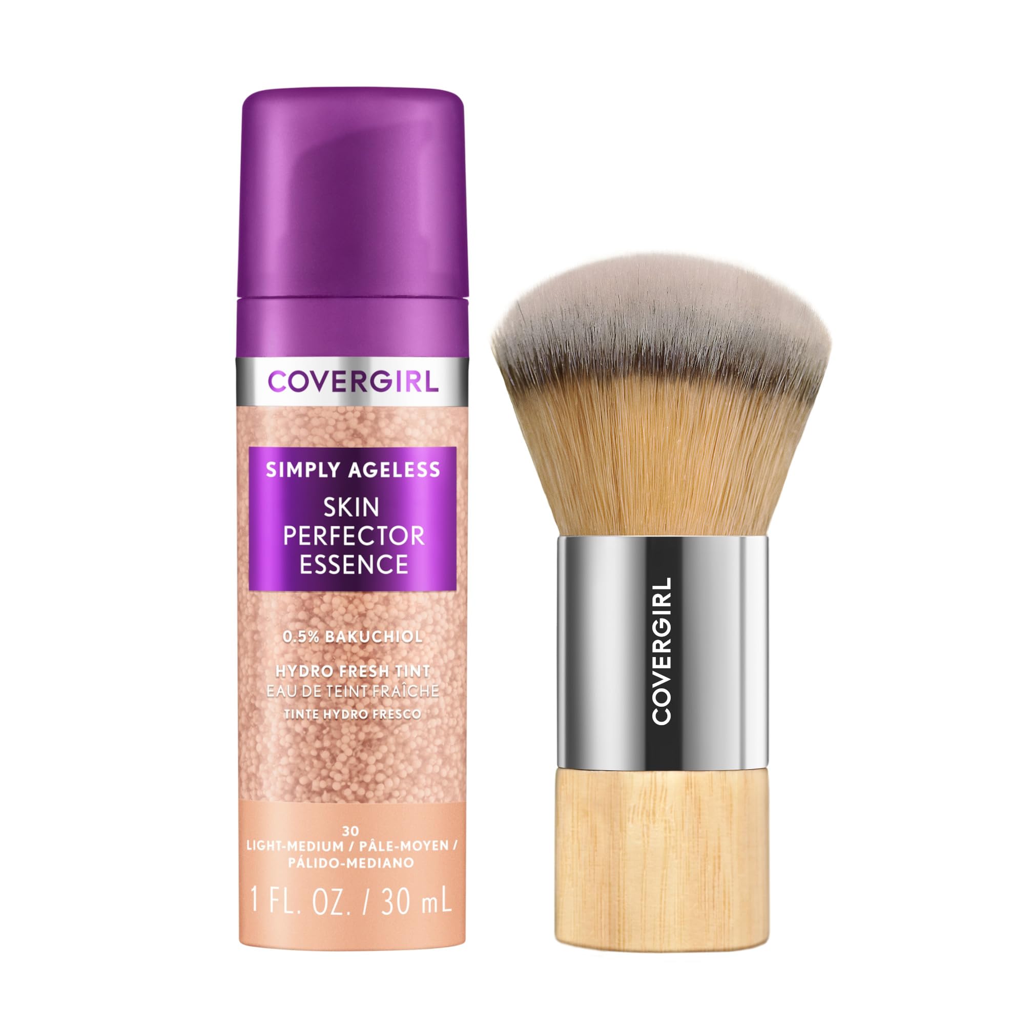 Covergirl Simply Ageless Skin Perfector Essence Foundation 30 Light-Medium, Blending Foundation Brush, Skincare Makeup Hybrid with Bakuchiol