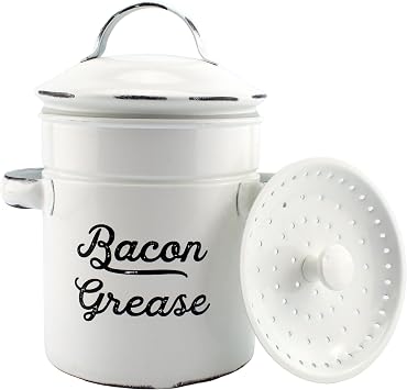 AuldHome Design Grease Container, White Enamelware Bacon Grease Can w/Strainer, Farmhouse Style, Keto-Friendly