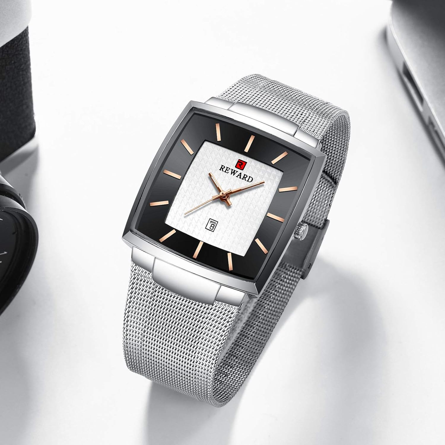 Gosasa Men's Square Waterproof Quartz Watch Casual Business Analog Watch with Date and Stainless Steel Mesh Strap