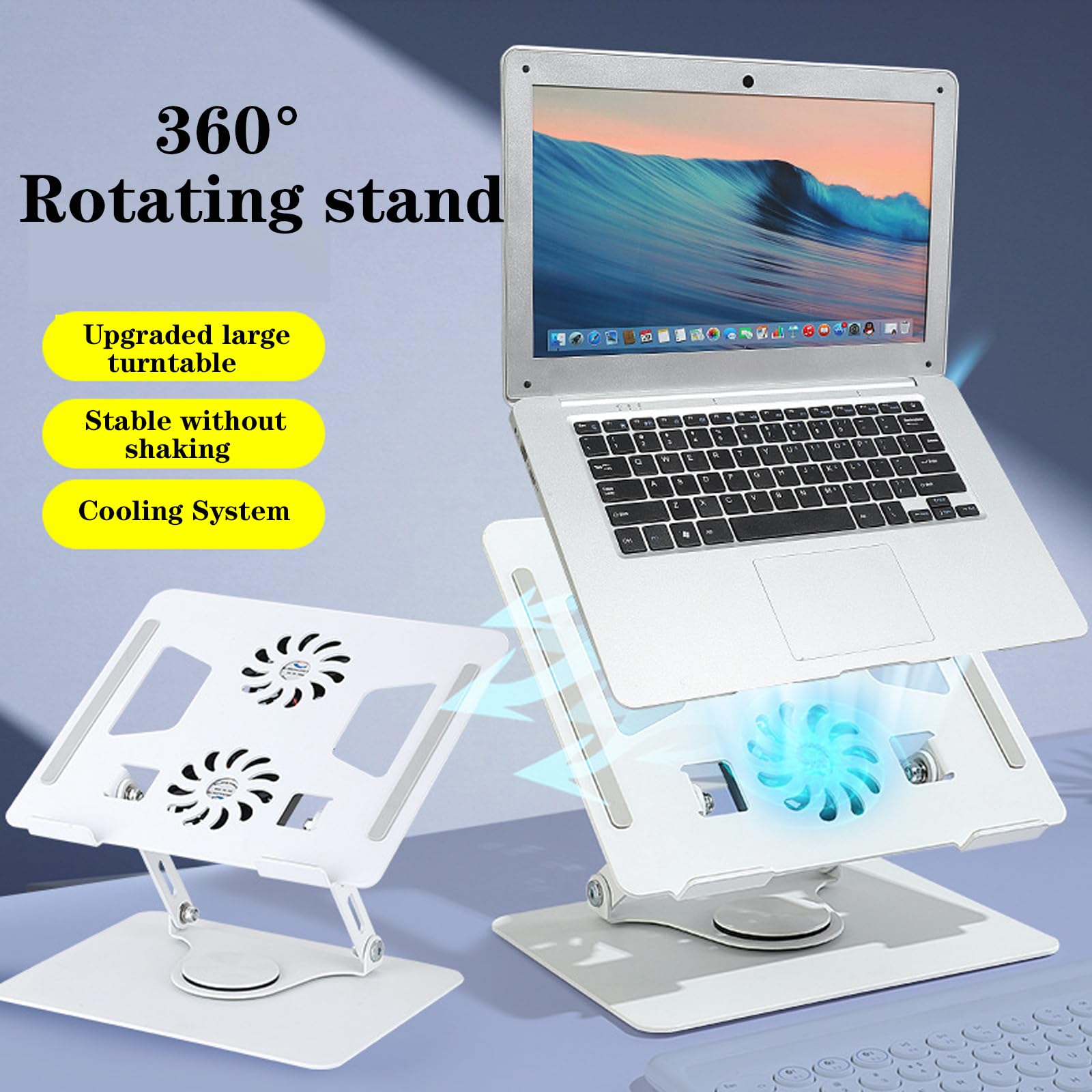 Supporto per computer portatile, girevole a 360°, raffreddamento ventola, pieghevole, in lega di alluminio, adatto per computer portatili fino a 17,3" (bianco)