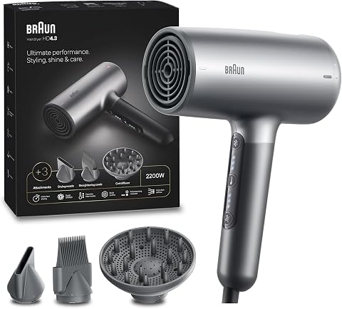 Braun HD 4.3 Super IonTec Hair Dryer BRHD435SDE – 2200 Watts Professional Hair Styling, Ionic Technology, Multiple Heat & Speed Settings, Cool Shot, Diffuser & Styling Nozzle Included – BRHD435E