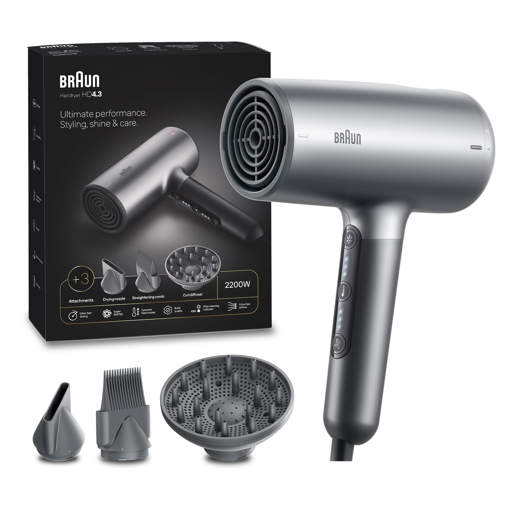 Braun Hair dryer HD4.3 Ultimate Performance, Styling, Shine & Care, HTDC Motor, 2200 Watts, Touch Control, with Drying Nozzle, Straightening Comb, Curl Diffuser, BRHD435SDE - Electro Grey