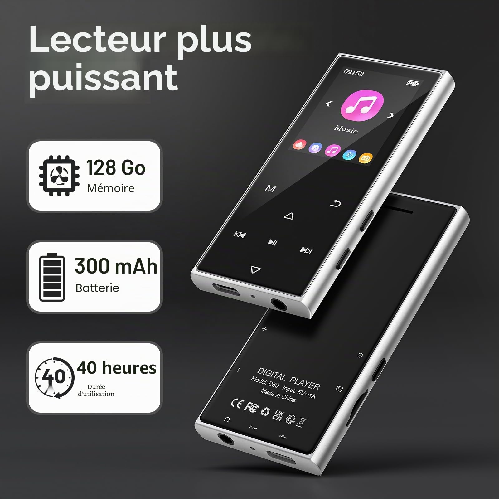 Lecteur MP3 Bluetooth 5.3, Lecteur MP3 Enfant 128 Go, Haut-Parleur