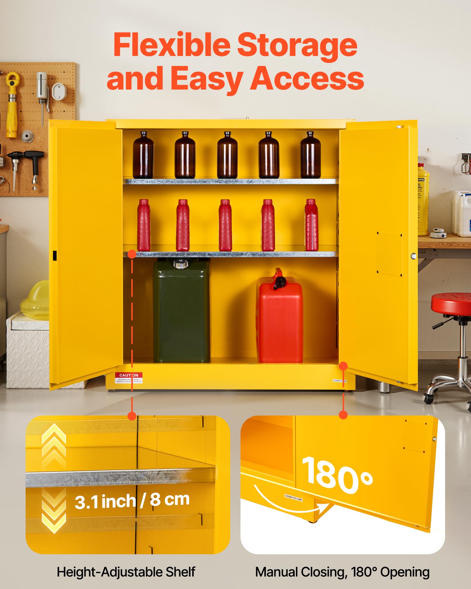 VEVOR feuerlöschfähiger brennbarer Lagerschrank (110 L) mit verstellbarem Regal, aus kaltgewalztem & verzinktem Stahl, Gelb Schutzschrank Gefahrstoffschrank