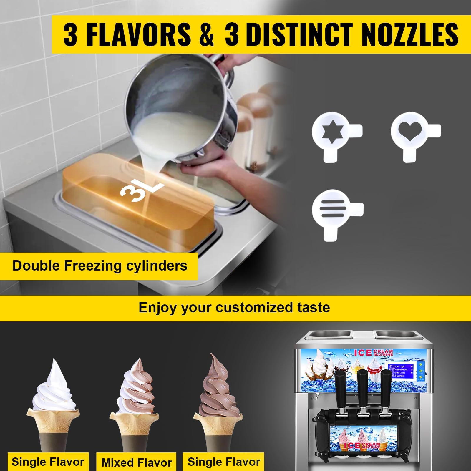 Macchina per gelato professionale: due tramoggia da 3 litri, 3 sapori e 3 beccucci, capacità di 18 litri/5 galloni, congelamento rapido in 60 minuti, ideale per caffè, buffet, hotel, bar e caffetterie