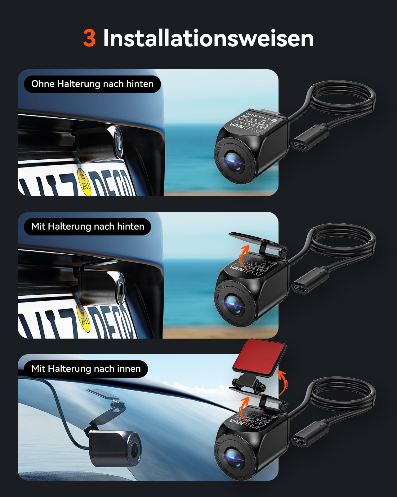 VANTRUE IP67 wasserdichte Heckkamera für VANTRUE N4 Pro, S1 Pro, E3 Dashcam, Anpassbare Kamera nach Hinten mit STARVIS 2, F1.7 Große Blende, Klappbare Halterung, Klebepad, Schrumpfschlauch RC07