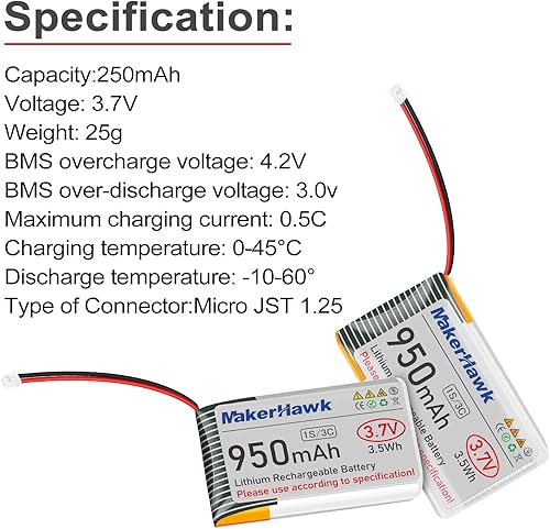 Miniatura 3 de MakerHawk Batería LiPo de 3.7 V 950 mAh recargable 1S 3C batería de polímero de litio con placa de protección cinta de goma aislada, enchufe micro