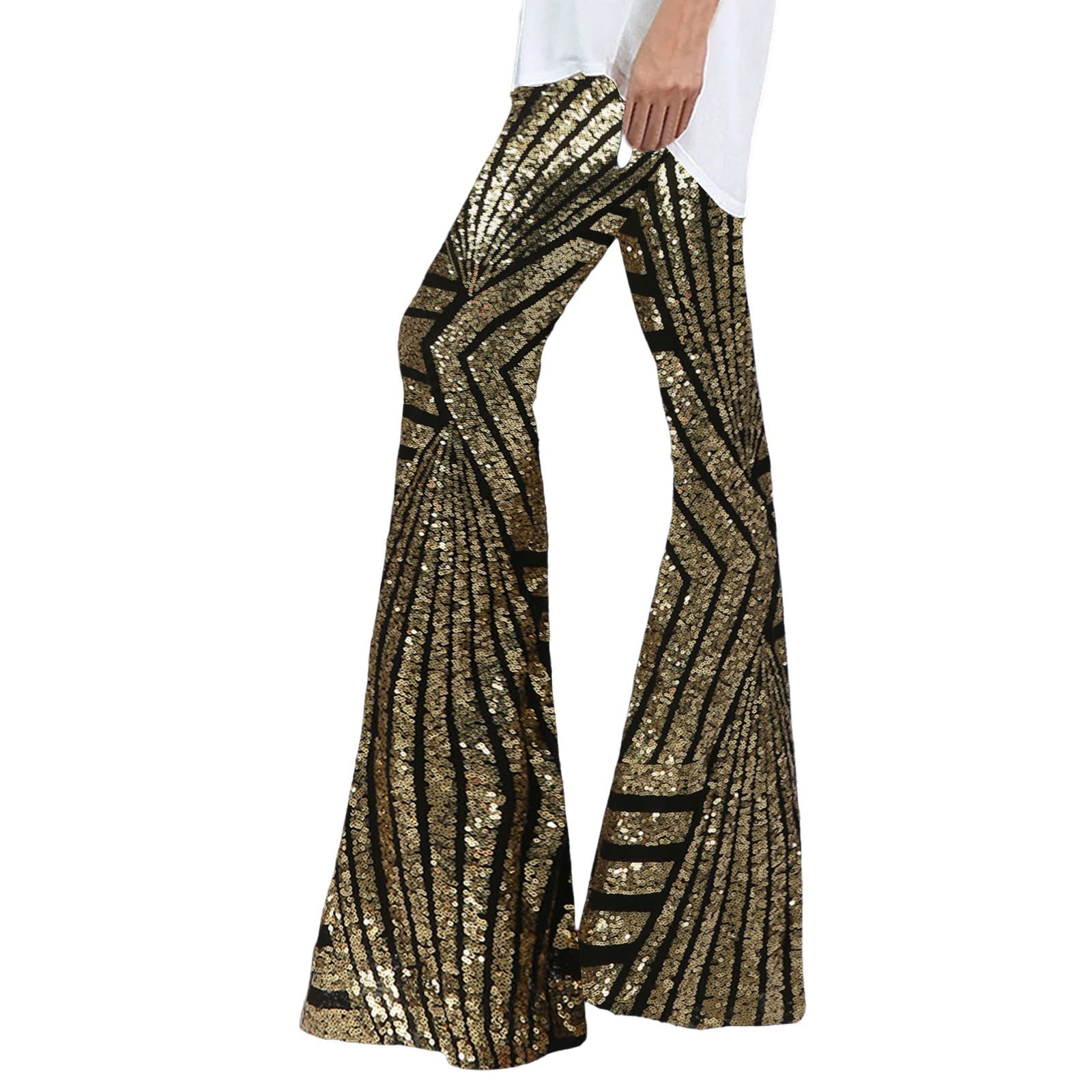 Womens Sequin Flare Pant Sparkly Glitter High Waisted Bell Bottoms Party Disco Night Clubwear Evening Shimmer Trouser