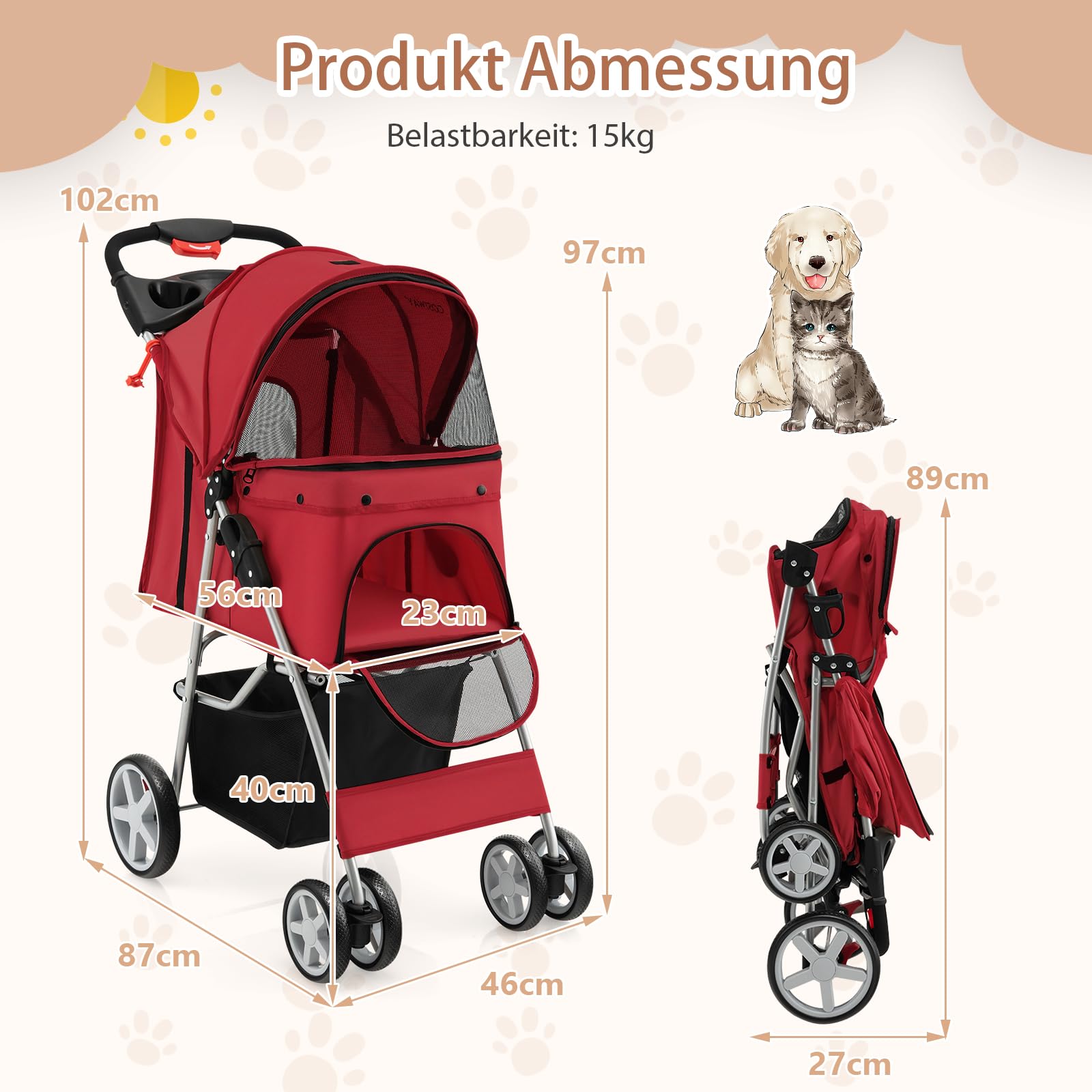 SOARS Passeggino per Cani e Gatti Pieghevole Fino 15 kg, Carrello per Animali Domestici, Trasportino Carrozzina Portatile da Viaggio e Passeggio con Tettuccio per Cuccioli, 87 x 46 x 102 cm (Rosso)