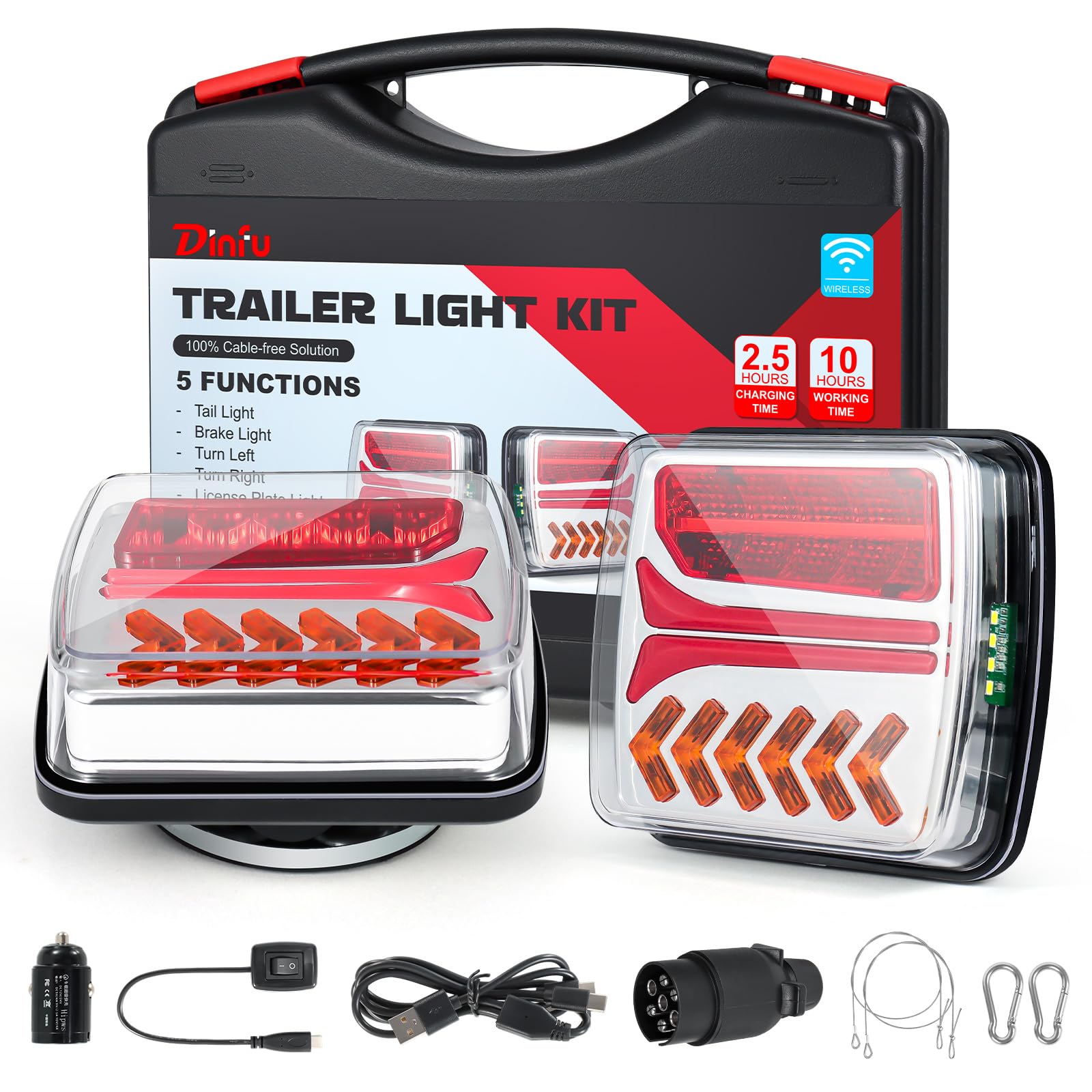 Dinfu Luci Posteriori Wireless WiFi Magnetiche per Rimorchio a batteria - Kit di Illuminazione LED a 7 Pin + caricatore USB + cordino antifurto per Auto, Camion, Trattori, Rimorchi e Caravane