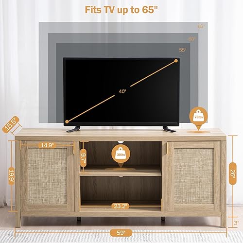 Miniatura 2 de SICOTAS Soporte de TV de ratán para sala de estar, mueble consola de TV de madera de 26 pulgadas de alto con almacenamiento y estante ajustable,