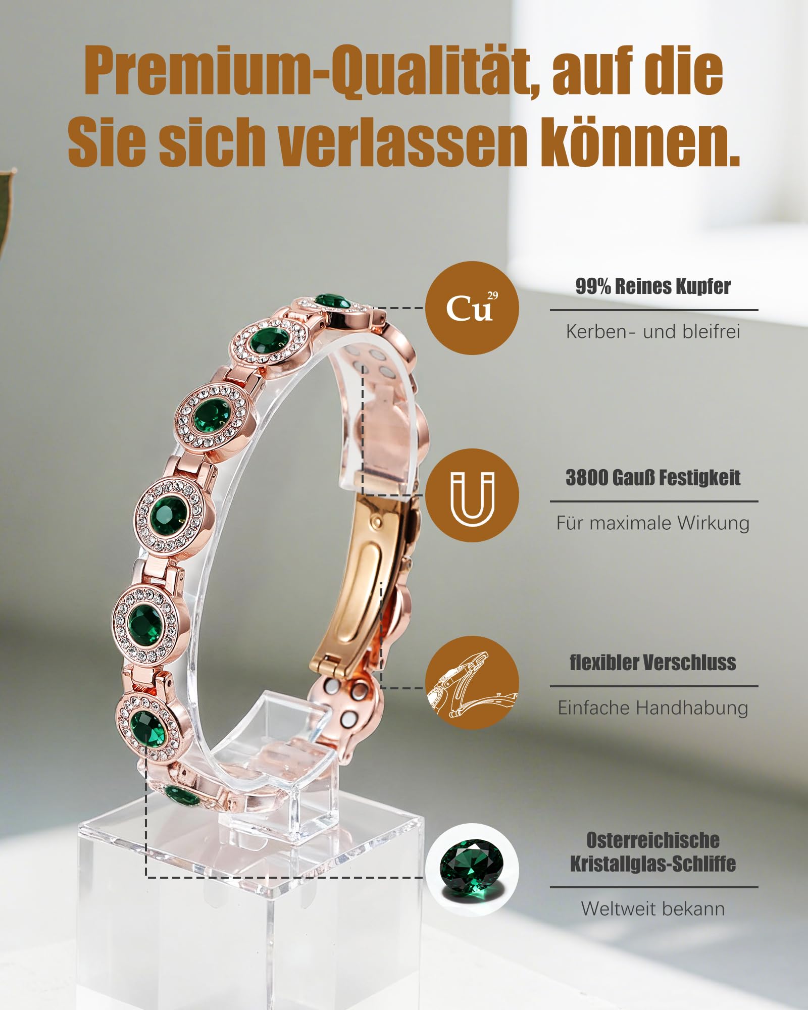 Jeracol Kupferarmband Dame, Magnetarmband mit je 4 Magneten pro Glied und kreisrunden Kristallen, 99% reines Kupfer, Schmuckgeschenk