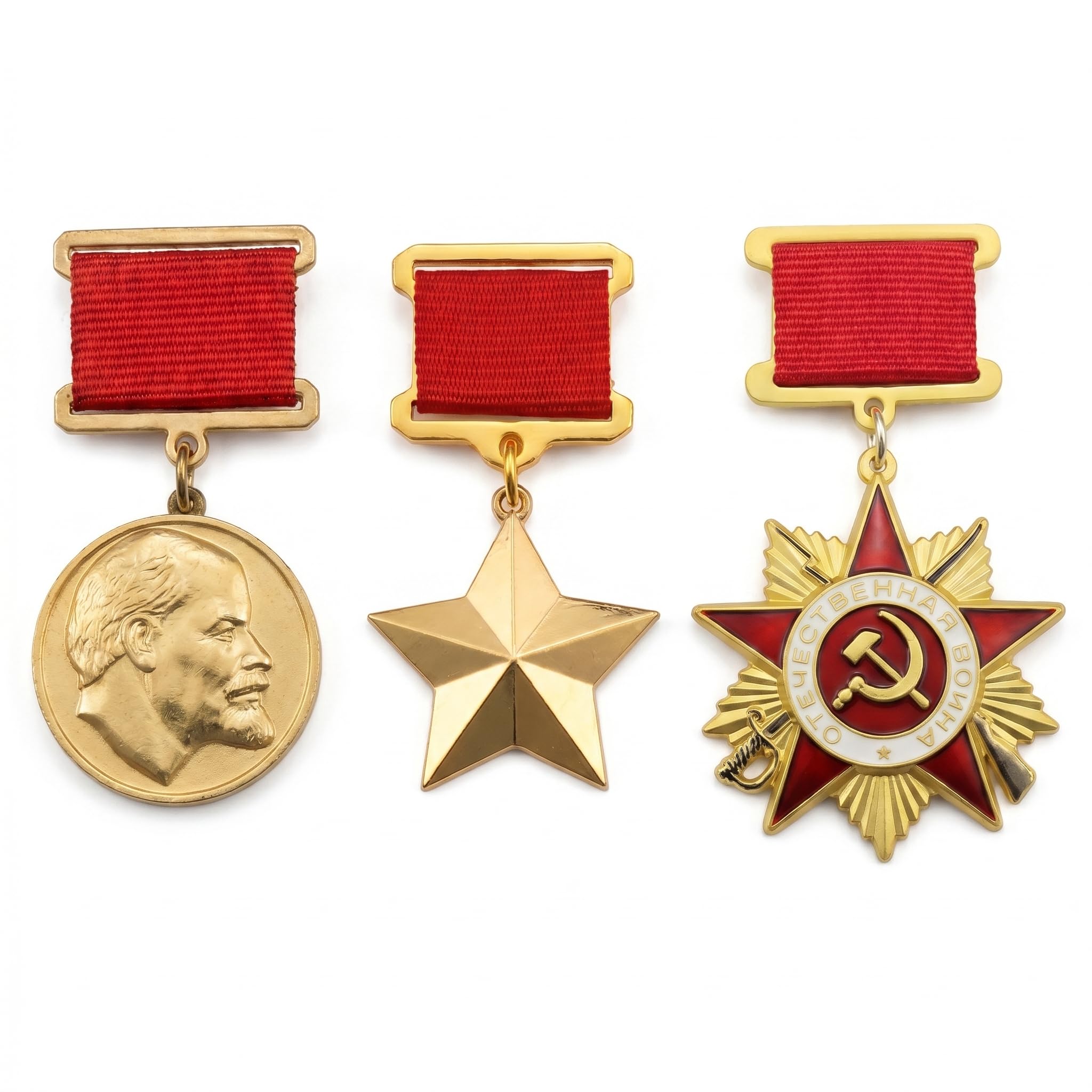 FREECROWS Historical Eastern Bloc Curated Collection – Triple Merit Achievement Artifacts – Museum-Grade Service Insignia Set with Crimson Ribbons & Gold-Toned Finish