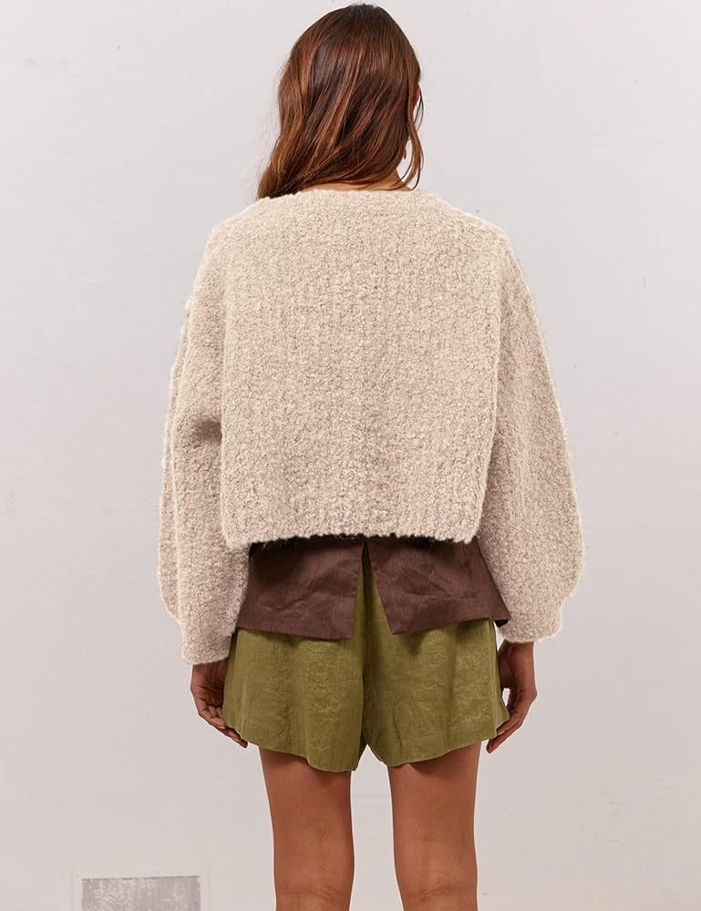 トップス Fluffy loose knit beige Women's Chunky Knit Open Front Sweaters Long Sleeve Button Loose