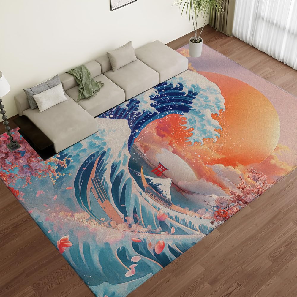 Tapis de couloir doux pour entrée et salon avec motif de vagues japonaises antidérapant