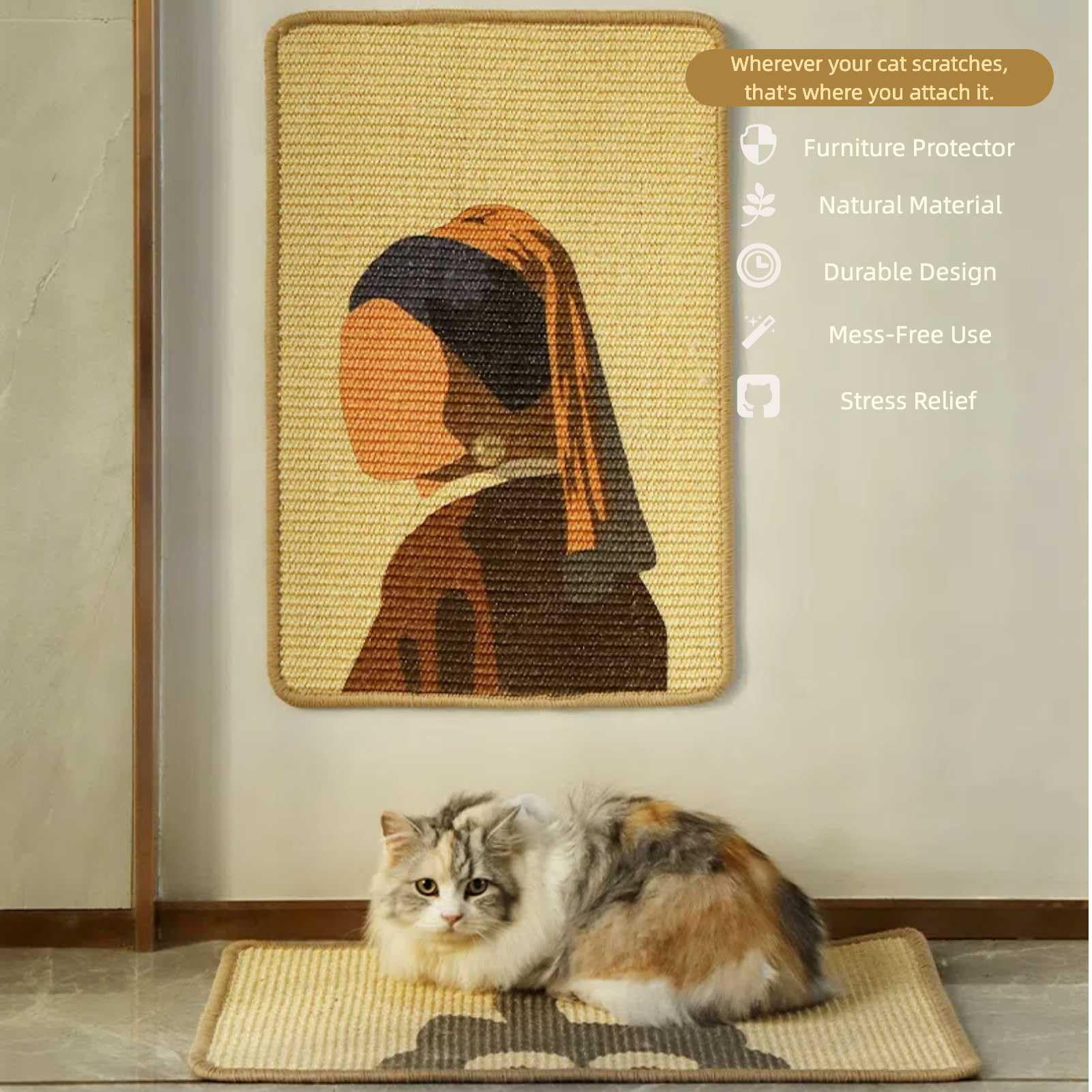 V-Select-In Artistic Sisal Cat Scratcher Post Mat, Natural Sisal Mat, Scratching Pad with Artsy Design (Loop Adhesive to Wall), Cat Litter Mat, Furniture Protector (Peek Purr)