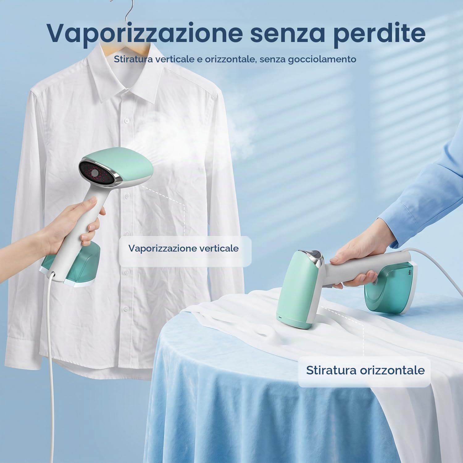 Ferro da Stiro Verticale, Stiratore a Vapore Portatile 1500W con Serbatoio 365ml, 2 Modalità Vapore, Spazzola per Tessuti, Vaporetta da Viaggio per Casa e Ufficio, Pronto in 25 Secondi