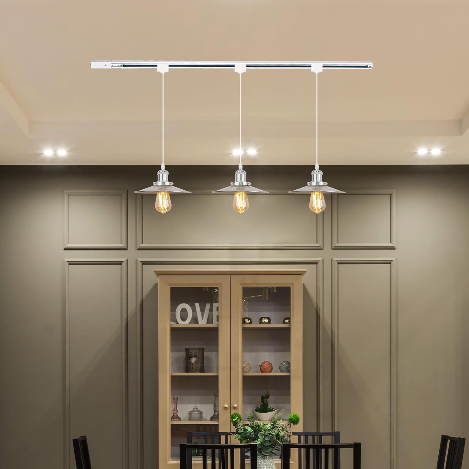 Kiven H-Type track lighting pendants, 3-Light h track pendant lights with Iron Lampshade, H Track Light Pedant for Kitchen Island Home Cafe, Cord length Customization,Chrome Finish