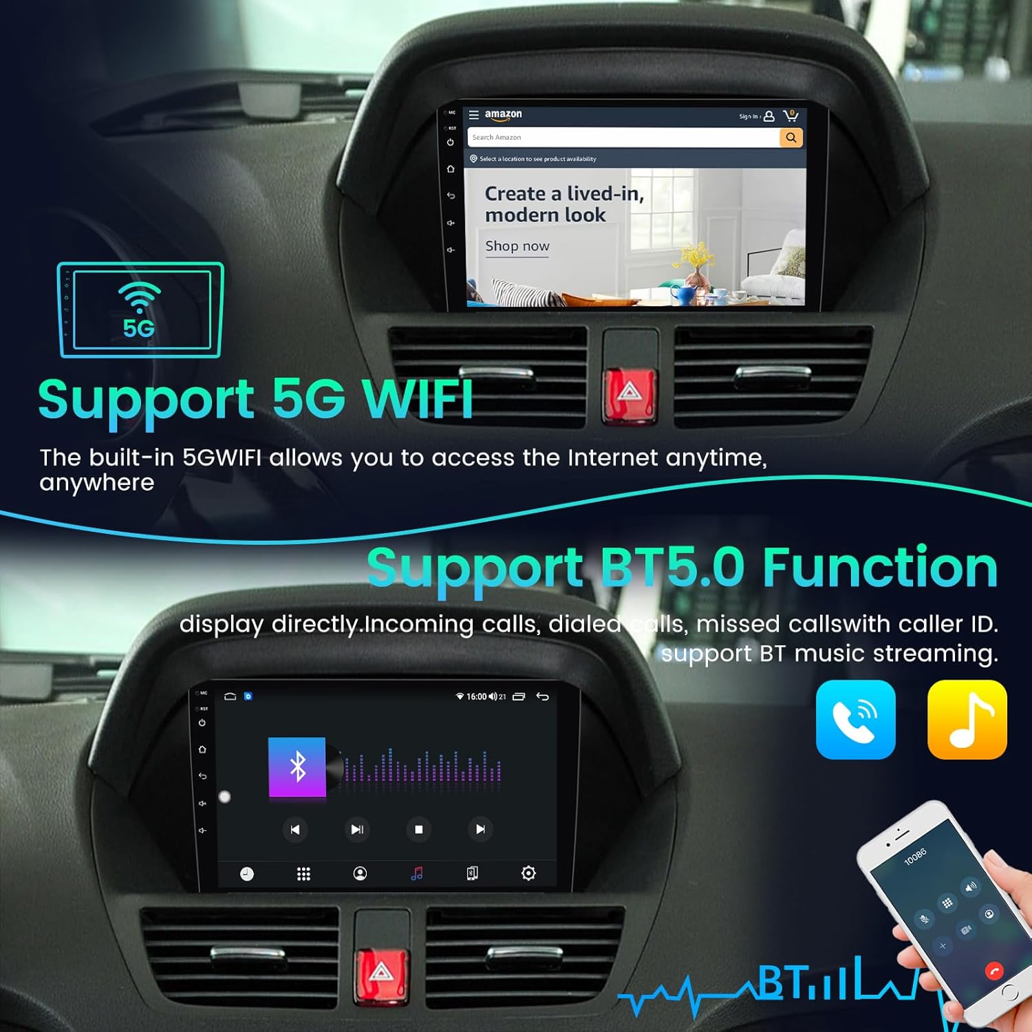 Image illustrating 5G WiFi connectivity and Bluetooth 5.0 functionality on the car stereo. The top panel shows a web browser on the screen, and the bottom panel shows a music player and a phone call interface.
