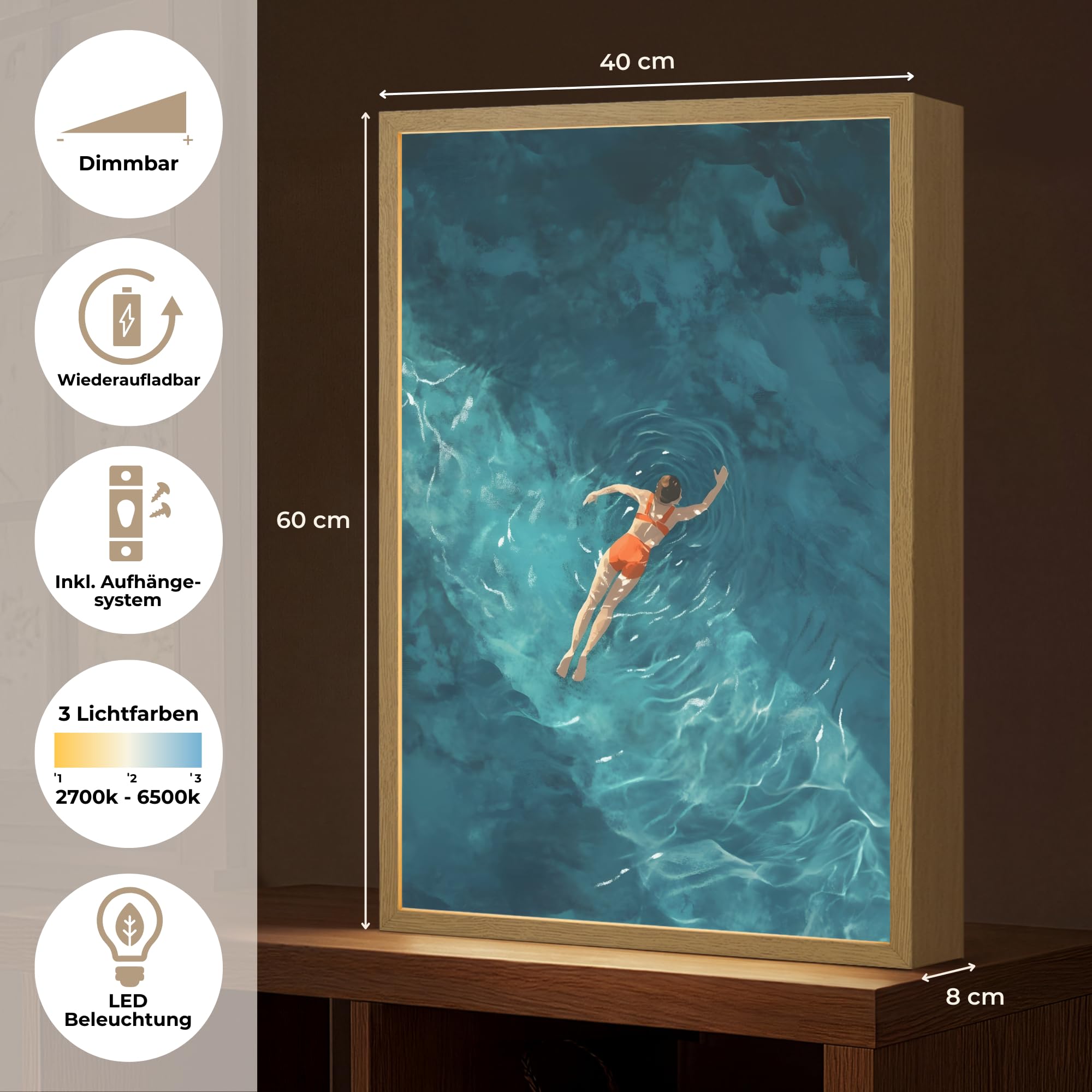 Moderne LED Wandleuchte Innen 40x60 cm Aufladbar Wandbeleuchtung Schlafzimmer Nachtlampe Flach Fernbedienung Warmes Still Licht Dimmbare Lampe Frau - Wasser - Bikini - Orange