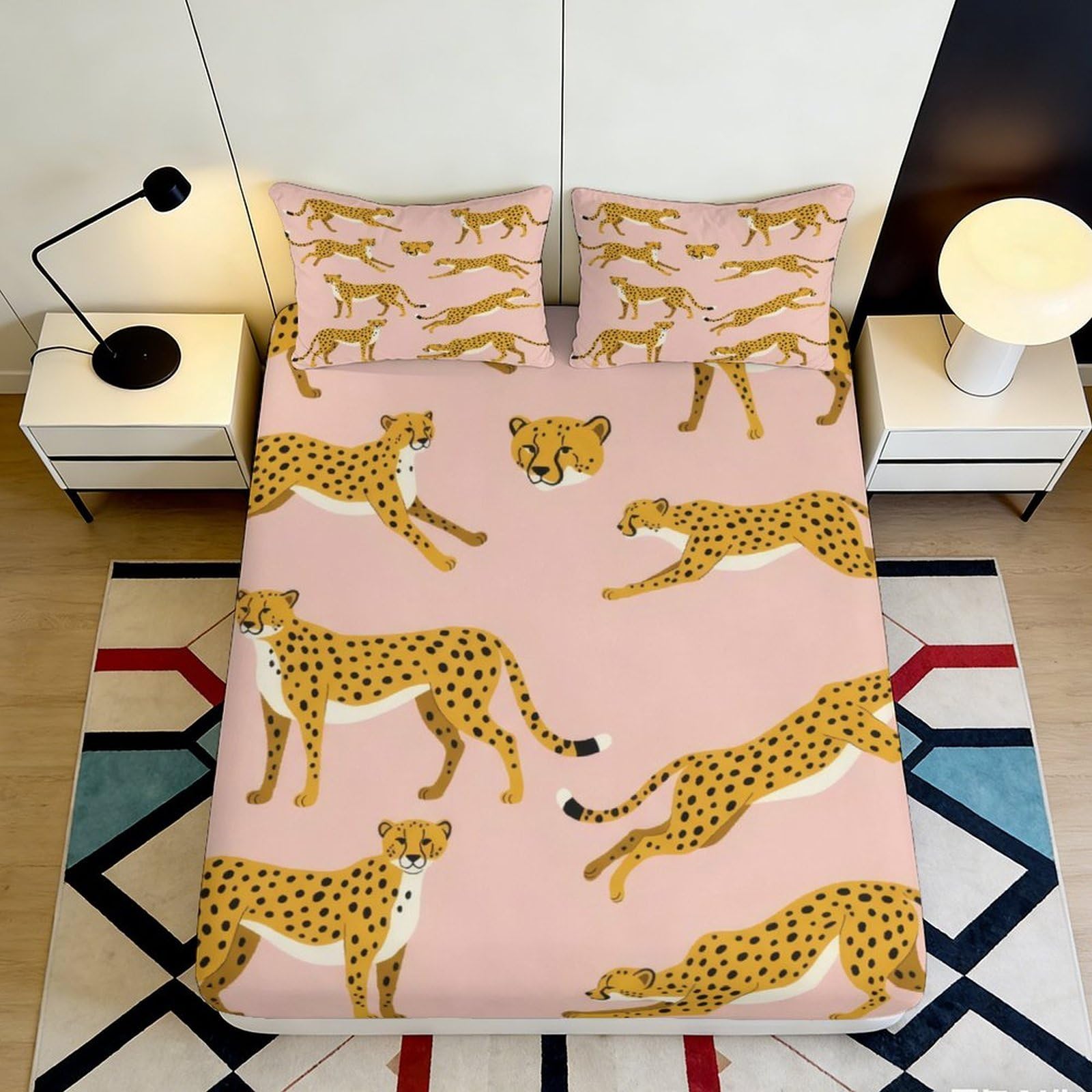 3D Printed Cheetah Pattern Fitted Sheet Microfiber Soft Durable Pink Animal Print Mattress Cover for Bedroom Dormitory Guest Room Mattress Protection 200x200x25cm