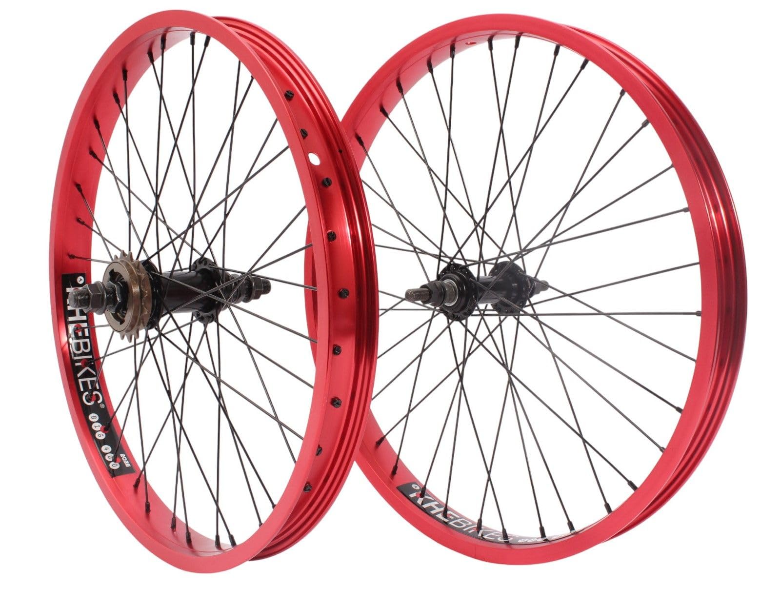 KHE Prism BMX 20 cali zestaw kółek, szerokość 38 mm, aluminium 7005, czerwone anodowane, z zębatką 16T