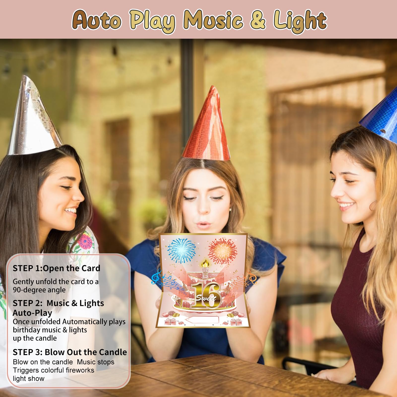 Turypaty Sweet 16th Birthday Cards Pop Up 3D Cake – Feuerwerk & Musik & Ausblaskerze Licht Lustige Happy 16 Party Dekorationen, Roségold 16. Geburtstag Karte Geschenke für Mädchen, Freunde, Tochter