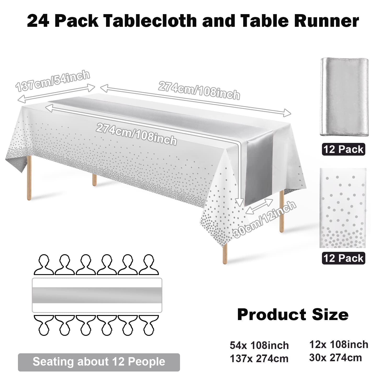 MASHAN Juego de 24 manteles desechables de plástico y camino de mesa de satén, mantel de lunares blancos y plateados, camino de mesa de satén plateado para bodas, cumpleaños, baby shower, Navidad, Año