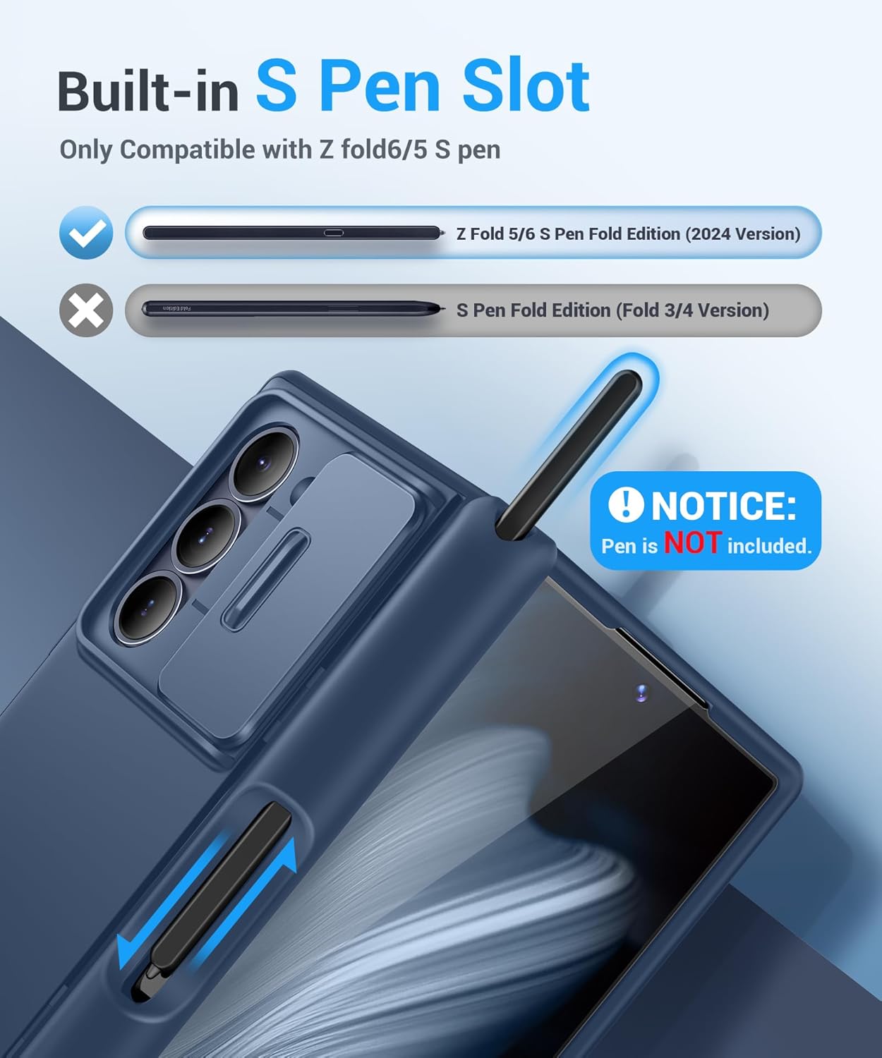 BERFY for Z Fold 6 Case with 9H Tempered Screen Protector, Built-in S Pen Holder, Slide Camera Cover, Hidden Kickstand, Full Body Shockproof Slim Phone Case for Samsung Galaxy Z Fold 6, Blue