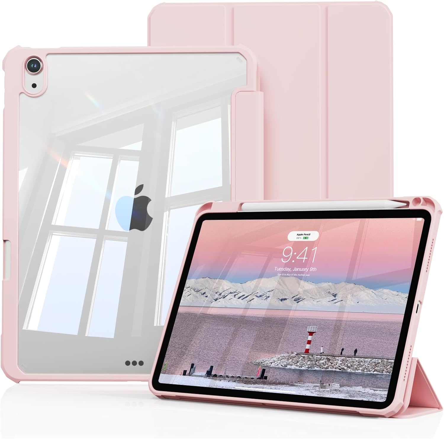 Case for iPad Air 11 Inch M4/M3/M2 2026/2025/2024 Air 5th/4th Generation 10.9 Inch with Pencil Holder Shockproof Protective Case with Clear Hard Shell Case Auto Sleep/Wake Pink