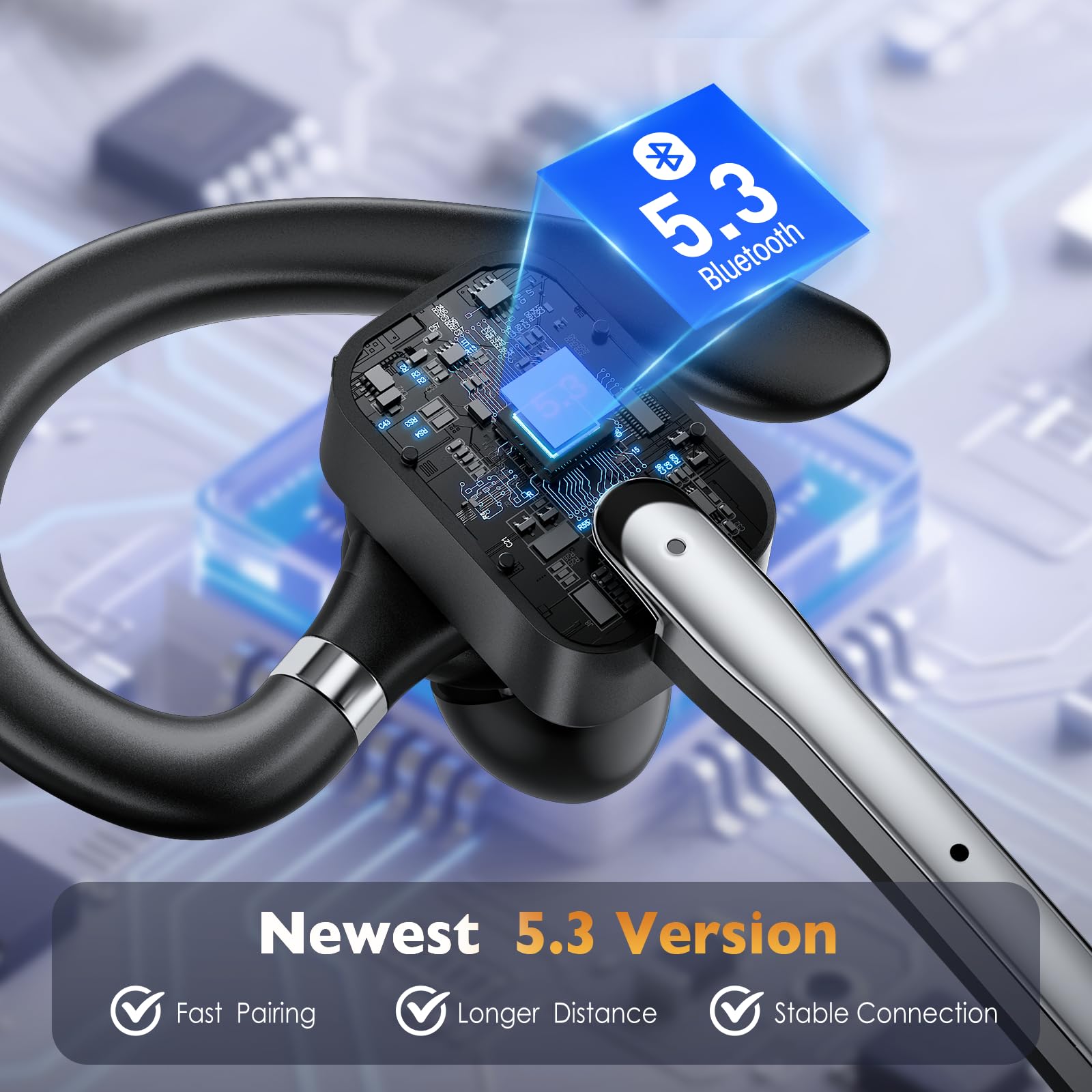 Bluetooth Headset V5.3 Wireless Freisprech Headset mit Dual Mic & Mute Funktion, 24h Spielzeit In Ear Kopfhörer für iOS Android