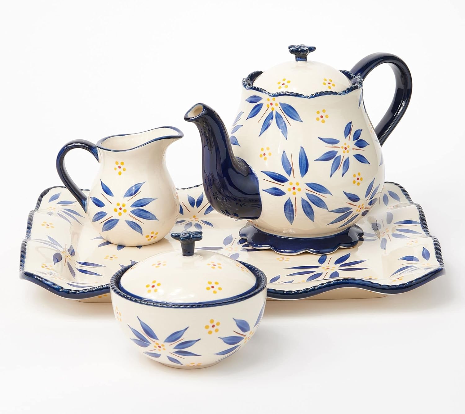 Temptations Tea Set TeaPot, Sugar Bowl, Creamer w/Fluted Rectangle Tray