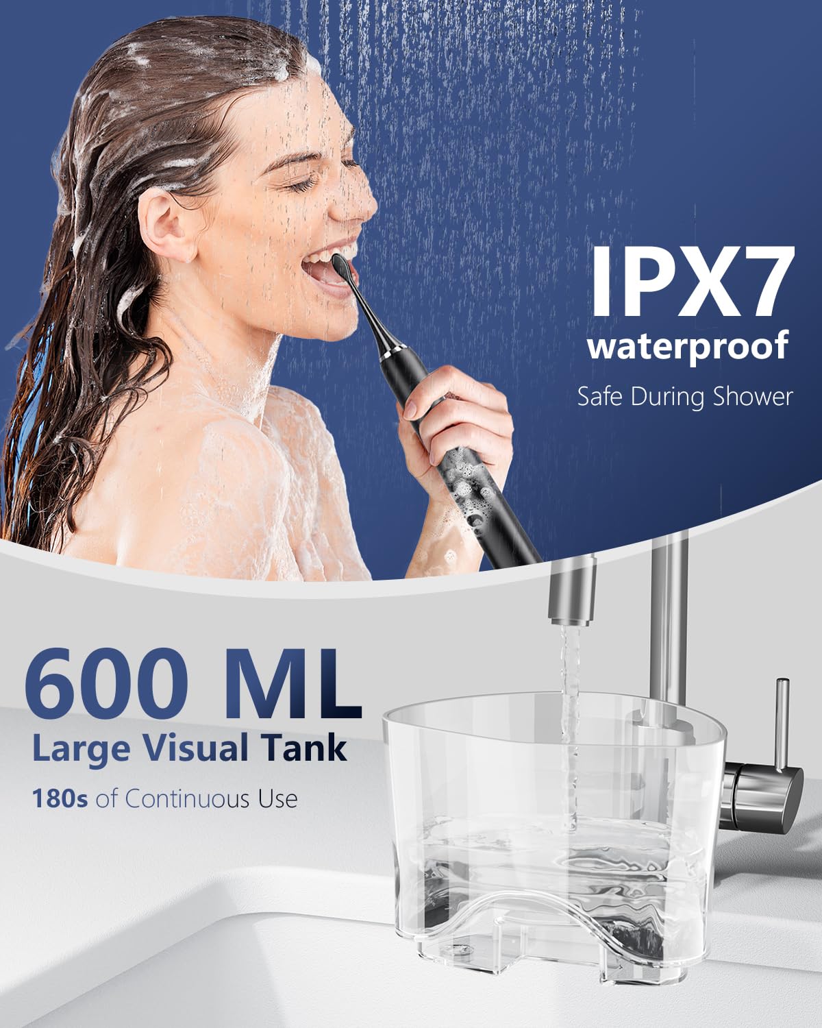 Cepillo de dientes eléctrico con hilo dental de agua: tanque de agua grande de 600 ml y limpieza ultrasónica, cuidado de encías y blanqueamiento, 5 modos de cepillo y 10 ajustes de presión para