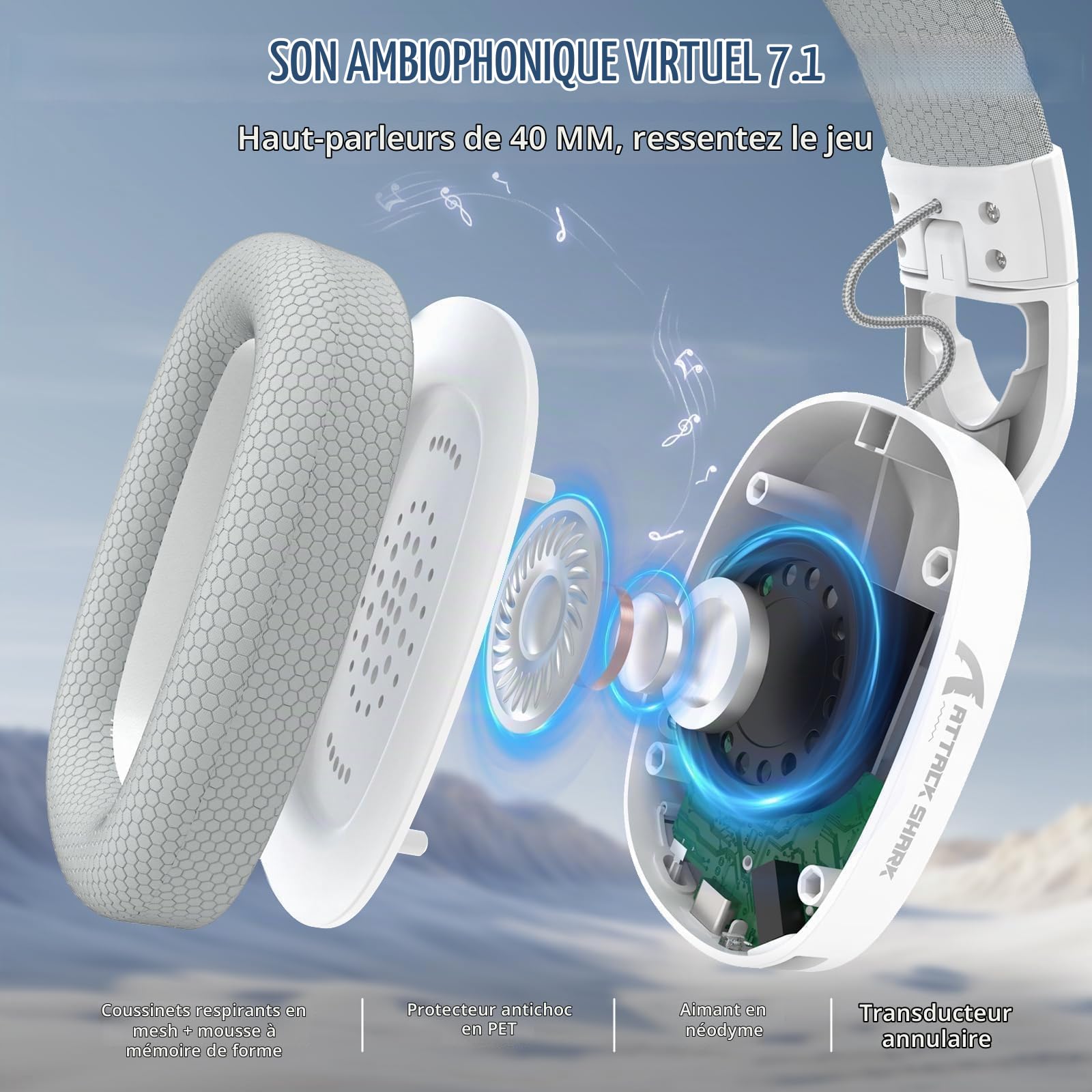 ATTACK SHARK L90 Casque Gaming sans Fil Ultra-Léger, BT, 2.4G, Câblé 3.5mm, Éclairage RGB Pliable, Son Surround 7.1 Over-Ear avec Microphone Antibruit Détachable, pour PC, Mobile - Blanc