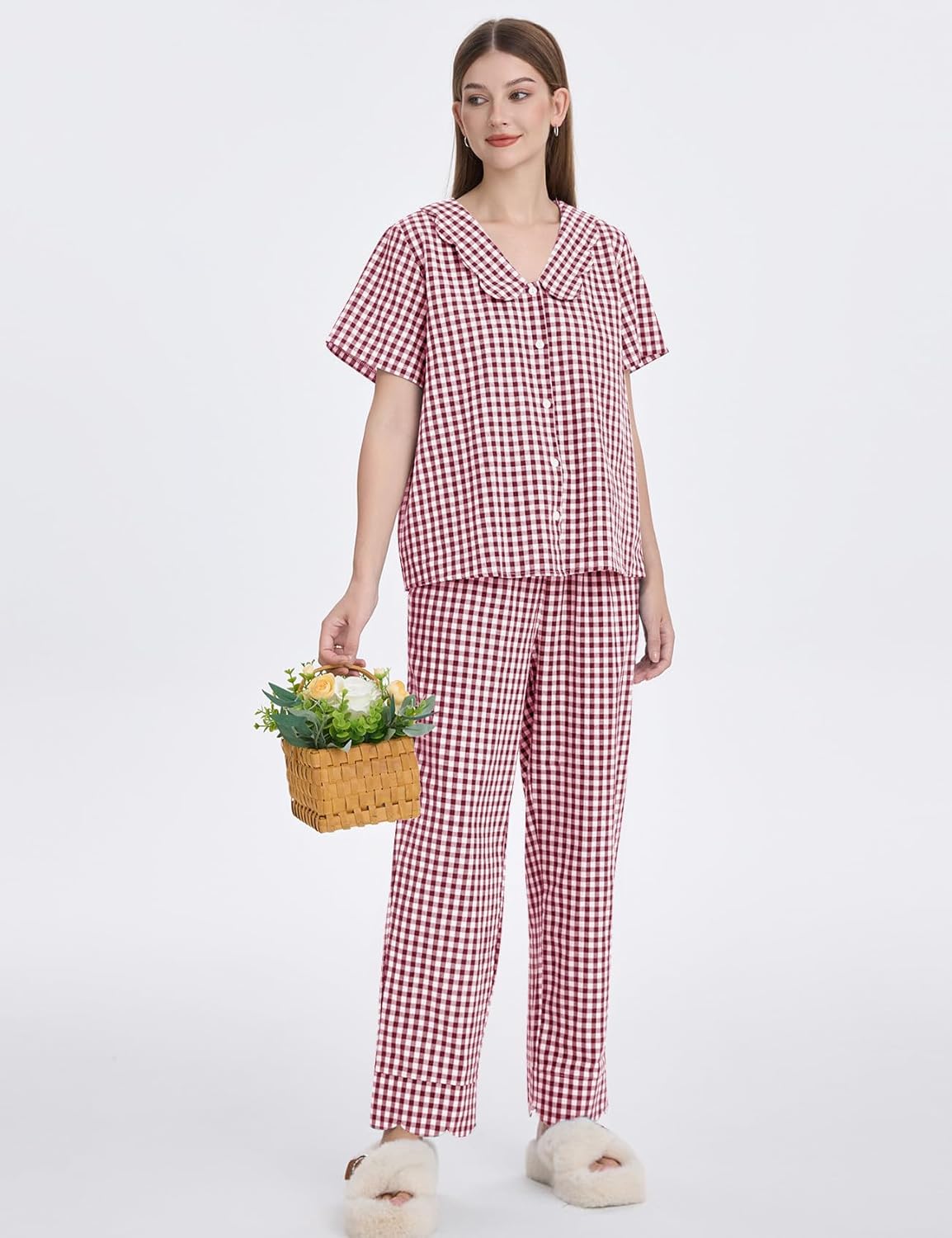 Kissonic Womens Gingham Pajama Set Cute Cotton Ruffle Pajamas Cozy Plaid Y2K Pjs Babydoll Sleepwear - Image 3