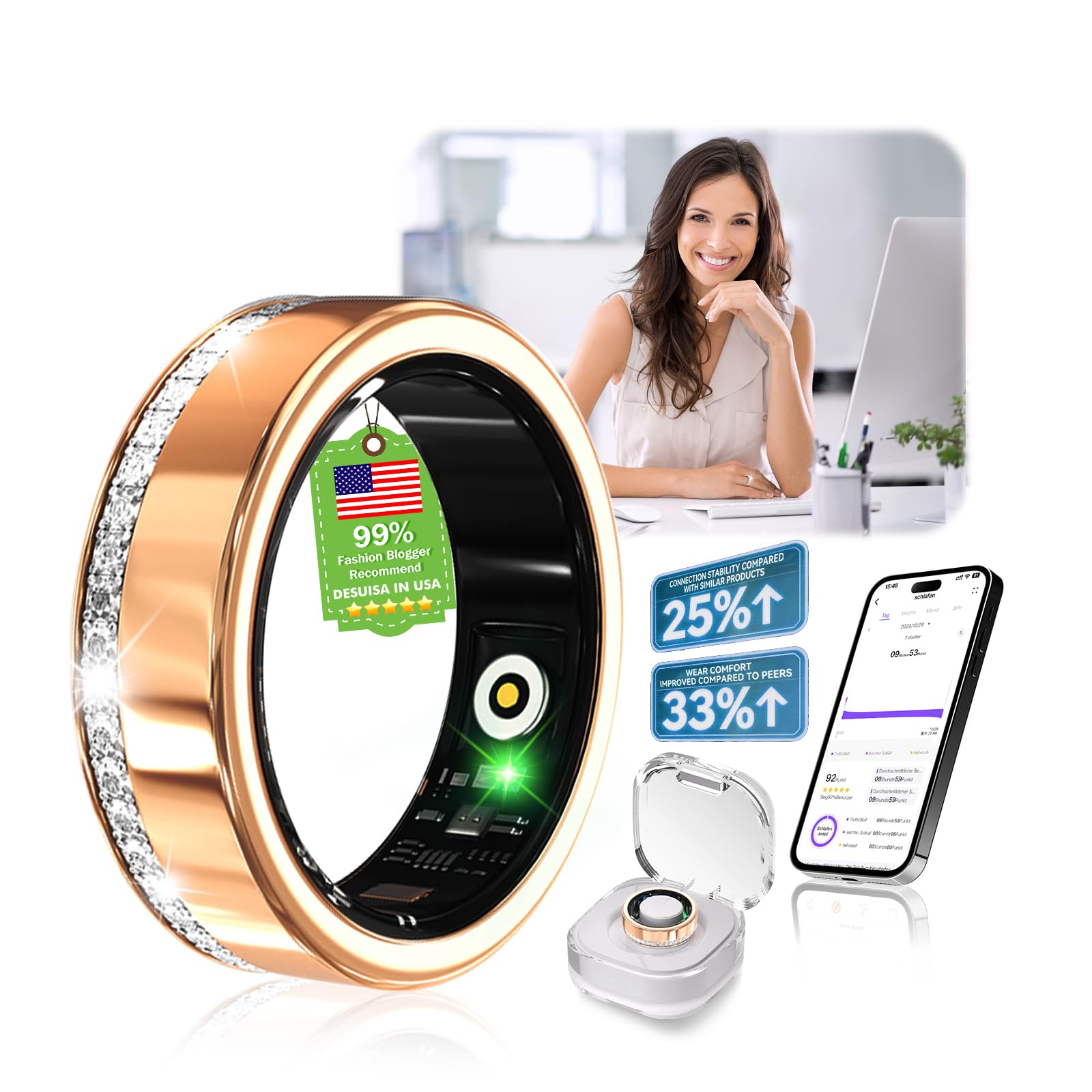 10 Gen Diamond Smart Ring and Wireless Charging Case【Industry Ranking No.1 – 0 Measurement Error】 2026 Smart Ring for Women & Men for Sleep Tracking Wearable Device,Fitness Ring Gold 7#-image-31
